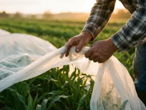 Boerenhanden vouwen wit afdekdoek over groene gewasrijen in ochtendlicht, doorschijnend agrarlisch fleece zichtbaar van dichtbij.