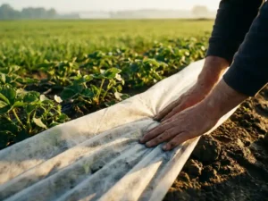 Boerenhanden die wit vliesdoek over aardbeienrijen aanbrengen, stof langs vochtige grond ingestopt, groene akker op de achtergrond.