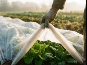 Boer tilt witte vliesdoek op om groenten te inspecteren, dauwdruppels op bladeren in ochtendlicht.